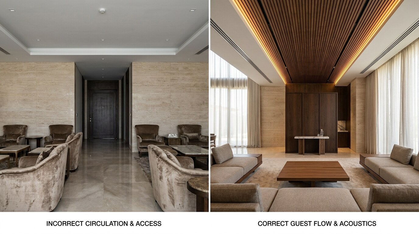 Majlis Design Mistakes in Dubai Villas: Five Problems Every Guest Notices visual reference 1 showing side by side majlis composition showing correct guest circulation, acoustic ceiling, and service access