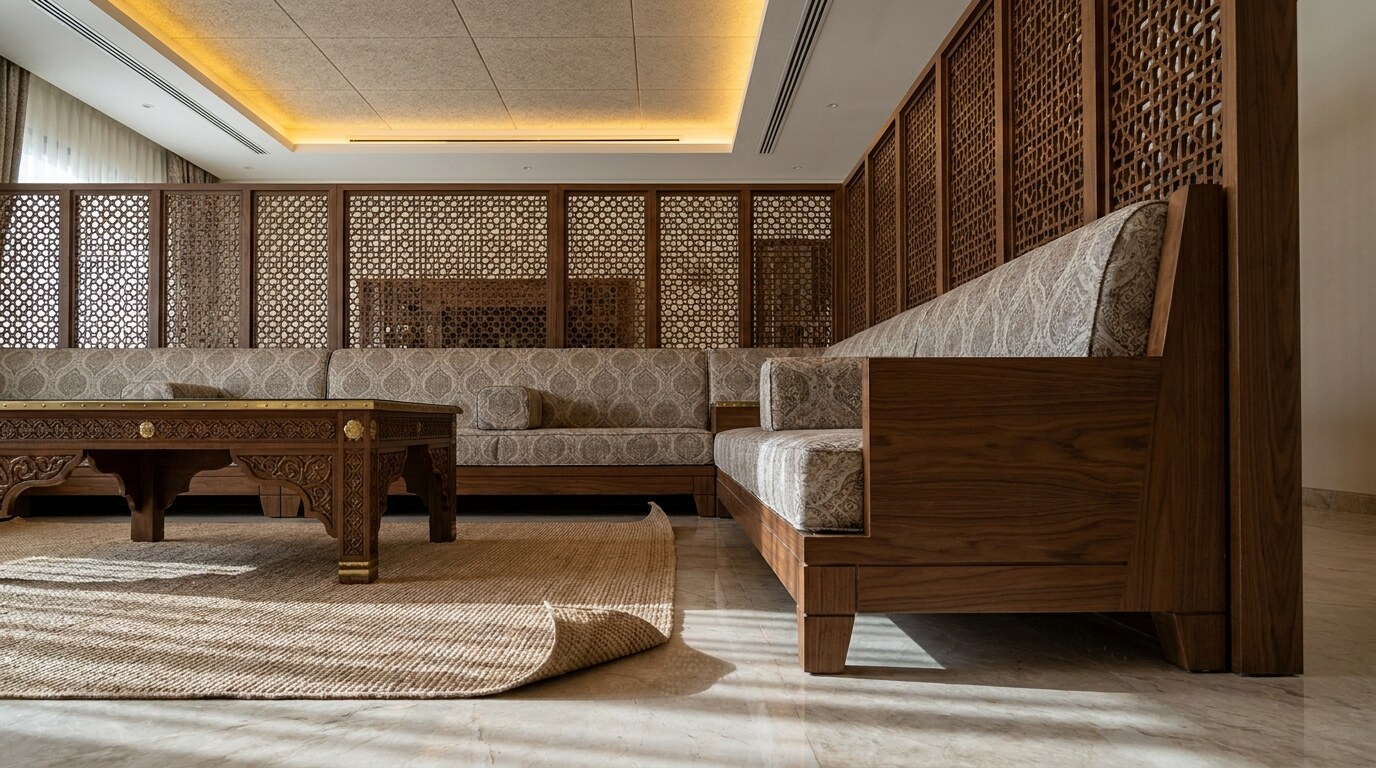 Majlis Design Mistakes in Dubai Villas: Five Problems Every Guest Notices visual reference 2 showing detail of majlis seating dimensions with coffee table distance, rug edge, and privacy screen