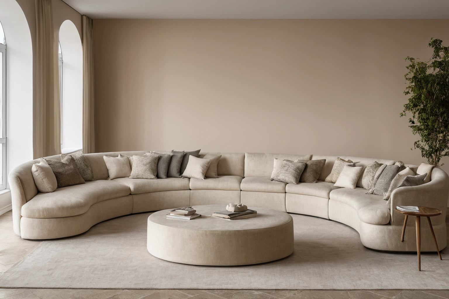 Large curved sectional sofa in a contemporary Italian living room with an arched wall opening