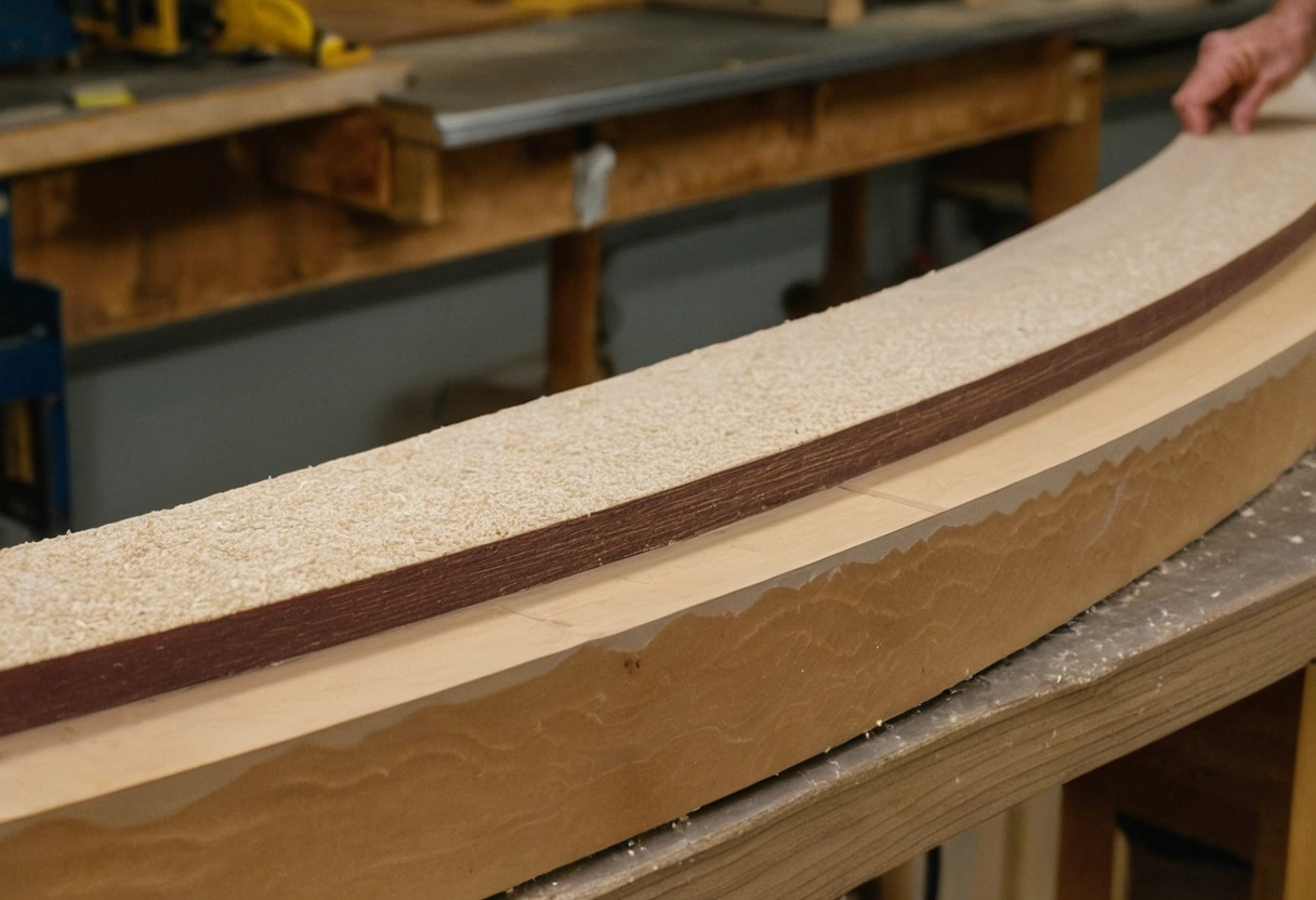 Stack of thin wood veneers glued and clamped in a curved wooden mould in a workshop