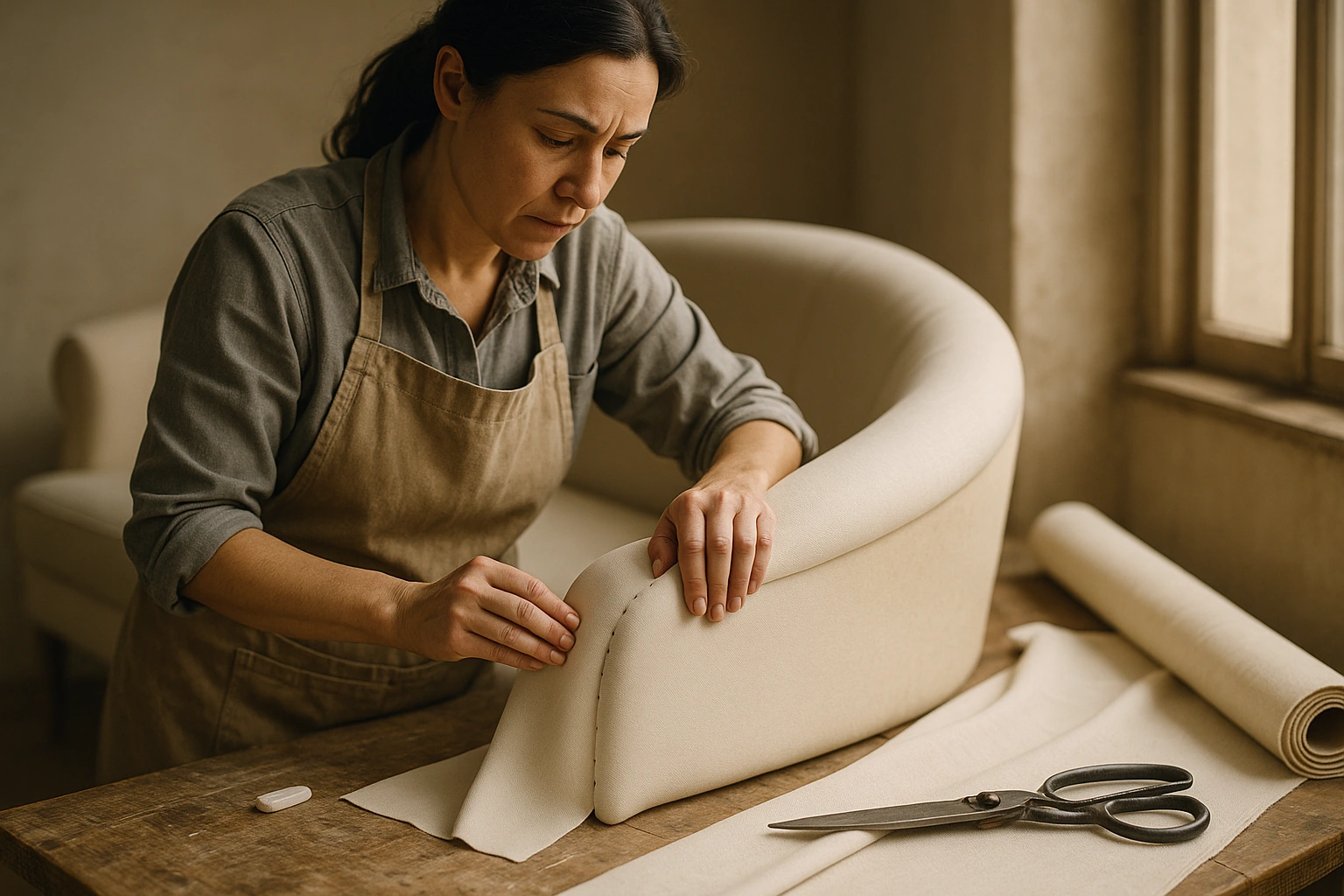 An upholsterer fitting and pinning fabric panels over the compound curve of a sofa arm
