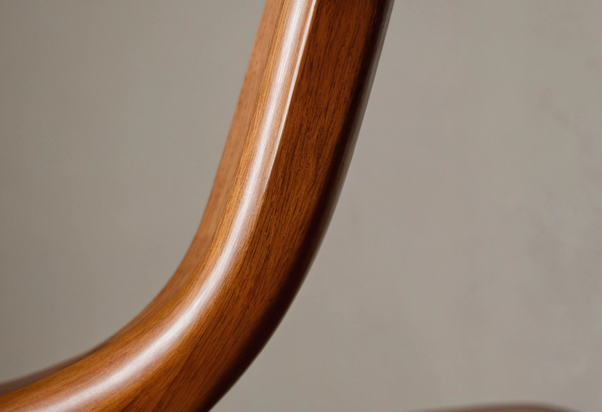 Macro detail of a steam-bent solid wood curved chair back showing grain following the bend