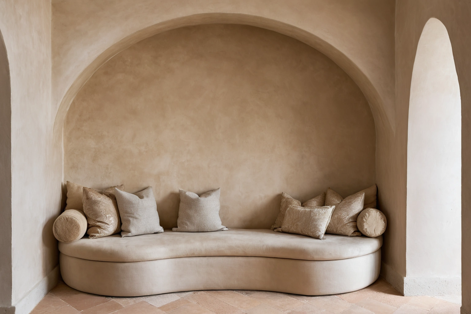 Arched plaster niche with curved built-in seating in a luxury Italian interior